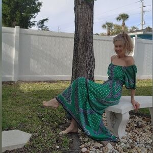 Vintage Dress Maxi Antique Green & Black 100% Cotton Bandana Dress 1960